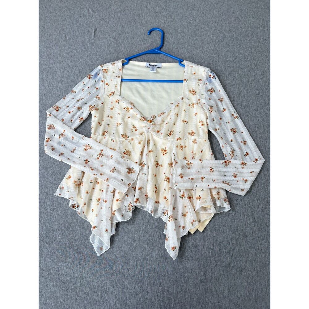 Floral Peplum Asymmetry Mesh Long Sleeve Top Cream Yellow Ruched Blouse M